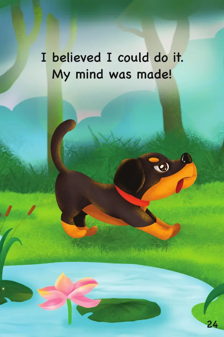 Original book page showing the little dog gathering courage beside the pond