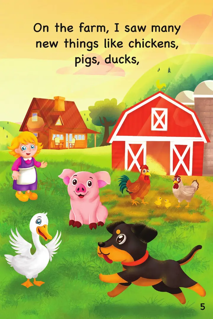 Original book page showing the little dog meeting animals on the farm